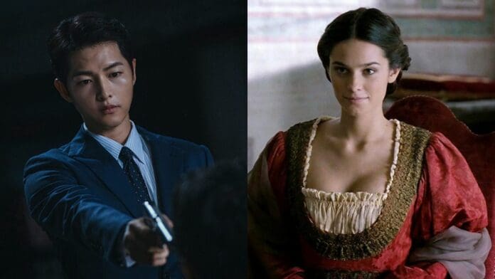 Song Joong-ki in a still from Vincenzo and Katie Louise Saunders in a still from The Borgia