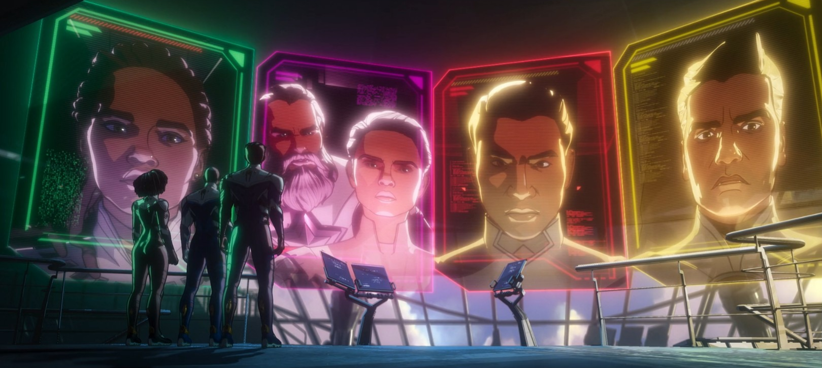 What If Season 3 Episode 1: Anthony Mackie as Captain America,, Teyonah Parris as Monica Rambeau, Sebastian Stan as Bucky Barnes, David Harbour as Alexei Shostakov, Simu Liu as Xu Shang-Chi, Kari Wahlgren as Melina Vostokoff, Brittany Adebumola as Nakia, Oscar Isaac as Moon Knight